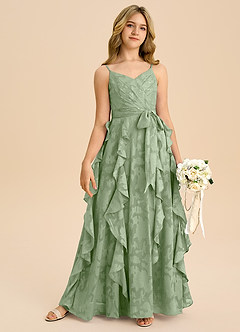 Azazie Peyton Junior A라인 주름진 플로럴 번아웃 플로어 길이 주니어 신부 들러리 드레스 image6