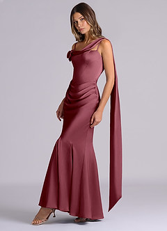 Azazie Inara Vestidos de madrinha de casamento Vestido Rosa Do Deserto de Cetim elástico de sereia com Plissado image3