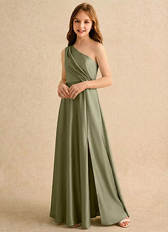 Azazie Puddles Girls Formal Robe Demoiselle D'honneur Fillette Robe Trapèze en Satin extensible Une épaule Pistache image4