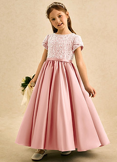 Azazie Cashew Flower Girl Dresses Rosette Ball-Gown with Sleeves Matte Satin Dress image3