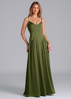 Azazie Kirby Venta Final Vestido de Oliva de Satén Elástico de Corte en A image3