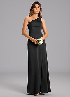 Azazie Phaedra At-home Try On Dresses Black A-Line One Shoulder Stretch Satin Dress image4