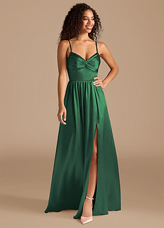 Azazie Zeya Robes de demoiselle d'honneur Robe Trapèze en Satiné métallisé Plissée Vert Foncé image1