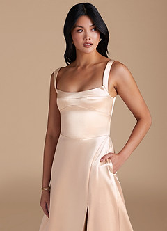 Azazie Hope Bridesmaid Dresses Rose Gold A-Line with Pockets Metallic Satin Dress image3