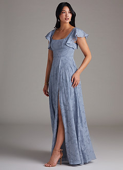 Azazie Bondi Bridesmaid Dresses Dusty Blue A-Line Side Slit Floral Burnout Dress image2