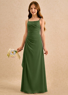 Azazie Cannoli Girls Formal Robe Demoiselle D'honneur Fillette Robe Trapèze en Mousseline de soie Plissé Olive image3