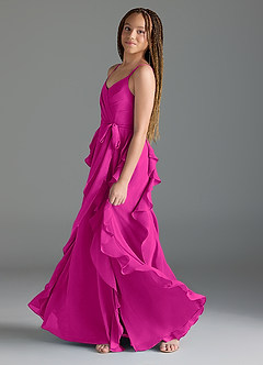 Azazie Peyton Junior Fuchsia A-Line V-Neck Cascading Ruffles Chiffon Dress image4