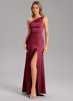 Azazie Phaedra Robes de demoiselle d'honneur Robe Trapèze en Satin extensible Asymétrique Bourgogne image6