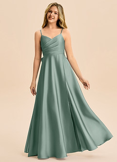 Azazie Rumi Junior Silver Sage A-Line Pleated Stretch Satin Dress image1