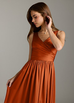Azazie Keyla Bridesmaid Dresses Burnt Orange A-Line Pleated Stretch Satin Dress image8