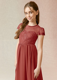 Azazie Delevingne Junior Vestido de Terracota de Gasa de Corte en A con Encaje image4