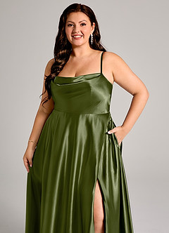 Azazie Elle Bridesmaid Dresses Olive A-Line with Pockets Metallic Satin Dress image12