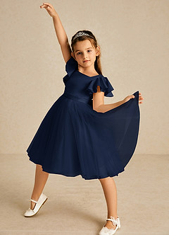 Azazie Kaeya vestidos de niña de las flores Vestido de Azul Marino Oscuro de Tul de Corte En A con Lazo image2