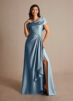 Azazie Branford Mother of the Bride Dresses Dusty Blue A-Line Pleated Stretch Satin Dress image6