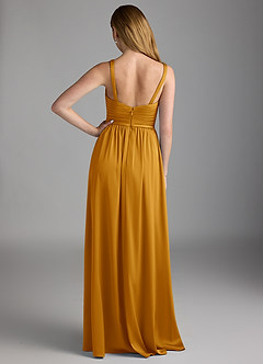 Azazie Chanel Bridesmaid Dresses Butterscotch A-Line Pleated Stretch Satin Dress image2