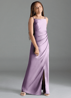 Azazie Leonis Junior Frosted Lilac A-Line Pleated Stretch Satin Dress image3