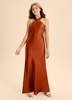 Azazie Doretta Junior Paprika A-Line Pleated Stretch Satin Dress image4