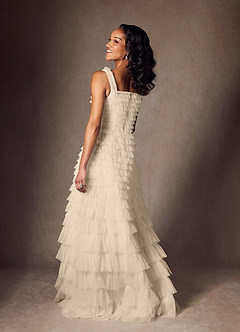 Azazie Zariah Wedding Dresses Champagne A-Line Ruched Tulle Dress image2