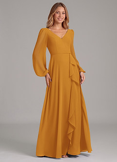 Azazie Simone Abiti da Damigella Abito A-Line in Chiffon Manica Lunga Caramello image4