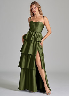 Azazie Faye Bridesmaid Dresses Olive A-Line Ruched Stretch Satin Dress image8