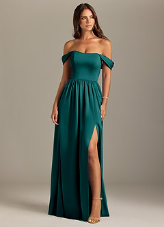 Azazie Calianna Bridesmaid Dresses Peacock A-Line Off the Shoulder Stretch Satin Convertible Dress image1