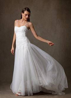 Azazie Lumina At-home Try On Dresses Diamond White A-Line Sweetheart Neckline Lace Dress image5