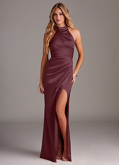 Azazie Jemma Bridesmaid Dresses Sangria Sheath Pleated Stretch Satin Dress image4