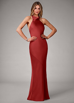 Azazie Velli Bridesmaid Dresses Pomegranate Mermaid Stretch Satin Dress image1