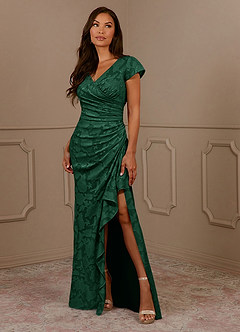 Azazie Roya Mother of the Bride Dresses Dark Green Mermaid Ruched Floral Burnout Dress image1