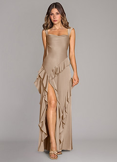 Azazie Sloane Bridesmaid Dresses Taupe A-Line Sweetheart Neckline Stretch Satin Dress image1