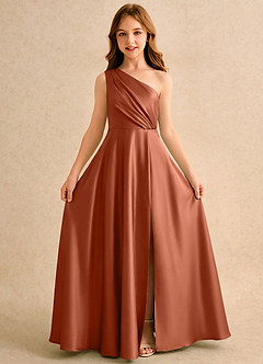 Azazie Puddles Girls Formal Flower Girl Dresses Cedar Rose A-Line One Shoulder Stretch Satin Dress image5