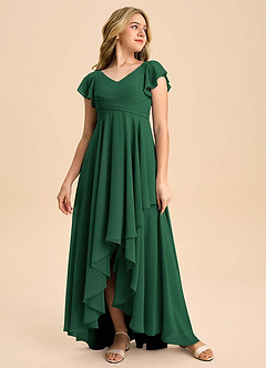 Azazie Caria Junior A라인 주름진 쉬폰 비대칭 주니어 신부 들러리 드레스 image3