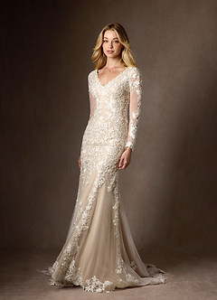 Azazie Dulce Amor Vestidos de novia Vestido de Blanco Diamante Nude de Tul de Corte Sirena con Encaje Cuello V image7