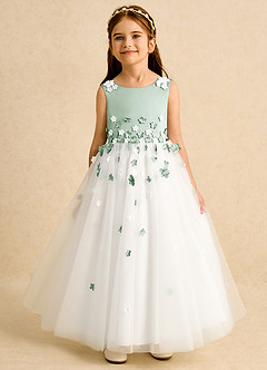 Azazie Eleni Blumenmädchenkleider Ballkleid Schleifen Tüll Kleid Elfenbein Agave image1