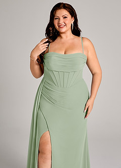 Azazie Amyra Jurken voor bruidsmeisjes Converteerbaar Jurk van Chiffon met Kolom Off the Shoulder Stoffige Salie image11