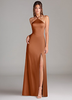 Azazie Elliana Bridesmaid Dresses Copper A-Line Side Slit Stretch Satin Dress image4