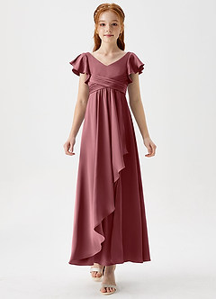 Azazie Omari Junior Desert Rose A-Line Pleated Stretch Satin Dress image5