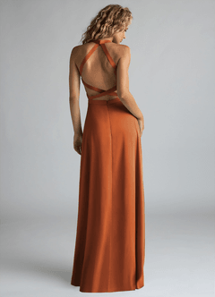 Azazie Clarice Bridesmaid Dresses Cinnamon A-Line High Neck Stretch Satin Dress image3