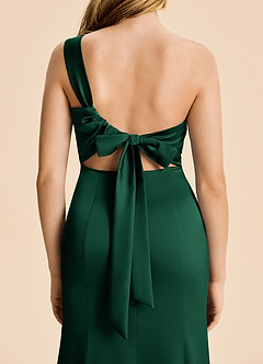 Azazie Ren Junior Dark Green A-Line Pleated Stretch Satin Dress image6
