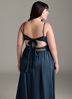 Azazie Zeya Bridesmaid Dresses Dark Navy A-Line Pleated Stretch Satin Dress image15