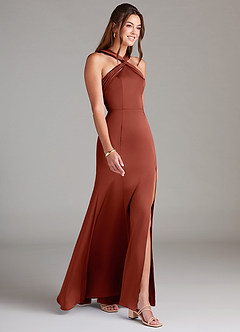 Azazie Rue Bridesmaid Dresses Terracotta A-Line Pleated Stretch Satin Dress image4