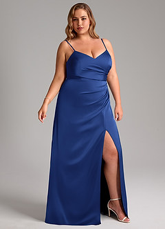 Azazie Azuree Bridesmaid Dresses Royal Blue A-Line Pleated Stretch Satin Dress image4