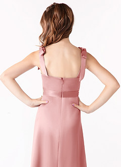 Azazie Barbara Junior Powder Pink A-Line Bow Stretch Satin Dress image4