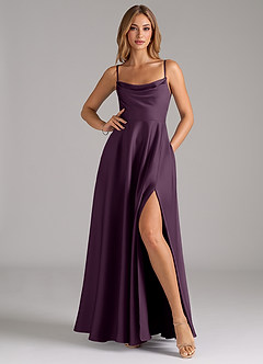 Azazie Elle Bridesmaid Dresses Plum A-Line Pleated Stretch Satin Dress image3