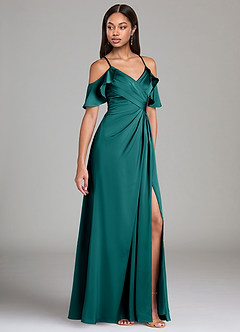 Azazie Dakota Bridesmaid Dresses Peacock A-Line Off the Shoulder Stretch Satin Dress image1