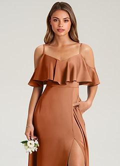 Azazie Jean Bridesmaid Dresses Copper A-Line Off the Shoulder Stretch Satin Dress image6