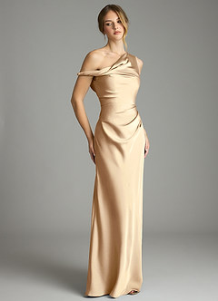 Azazie Emerson Vestidos de damas de honor Vestido Champán de Satén Elástico de Corte Sirena con Hombros descubiertos image5