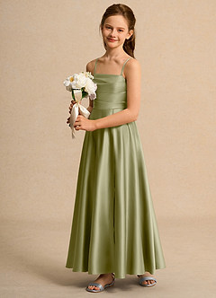 Azazie Pebbles Girls Formal Flower Girl Dresses Moss Green A-Line Pleated Matte Satin Dress image5