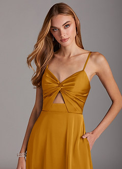 Azazie Jenna Bridesmaid Dresses Butterscotch A-Line Pleated Stretch Satin Dress image5