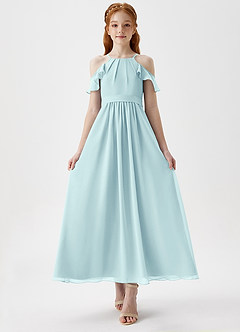 Azazie Chaya Junior Sea Glass A-Line Off the Shoulder Chiffon Dress image4